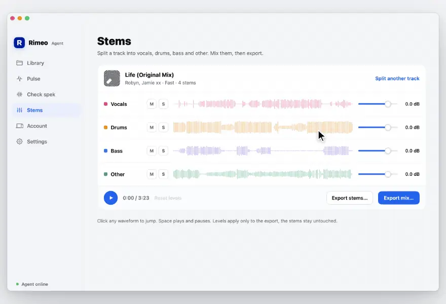 Stems in the Rimeo app on the computer: vocals, drums, bass and the rest in a mixer