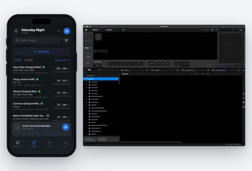 A playlist built on the phone syncing into Rekordbox, stage by stage