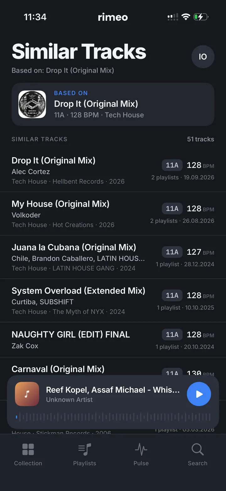 Long-press menu on a track with Similar Tracks at the top