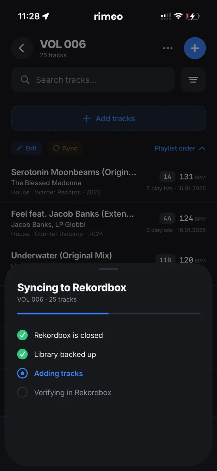 Rimeo writing a playlist into Rekordbox, stage by stage